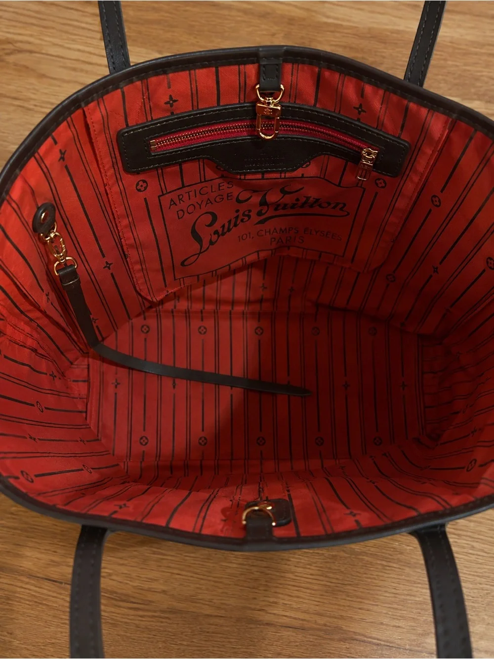 Louis Vuitton Red Striped Interior Tote with Black Trim and Gold Hardware